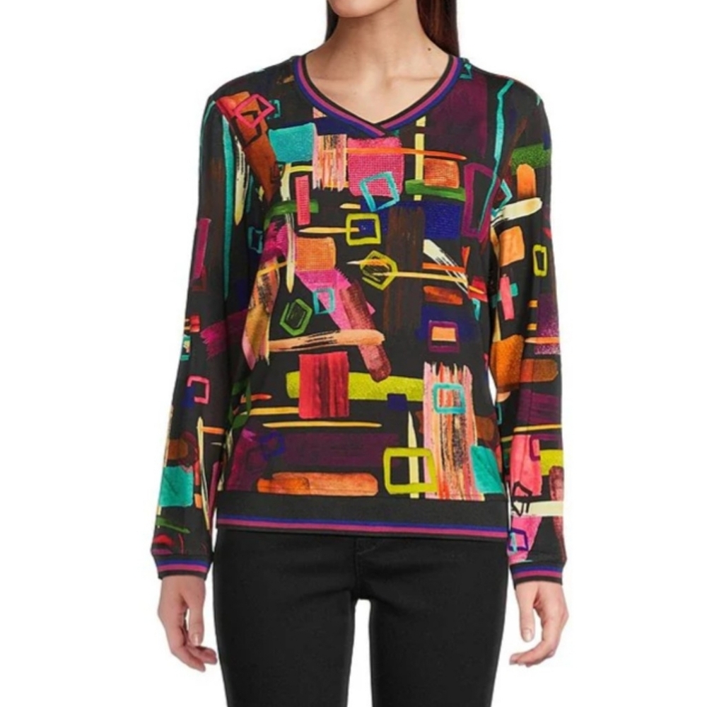 Ali Miles Black Multicolor Abstract V‑Neck Long Sleeve Top